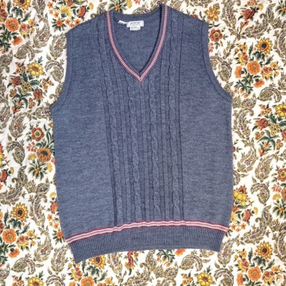 VTG Jaysport Mens Dark Grey Cable Knit V‎ Neck Sweater Vest Size Large